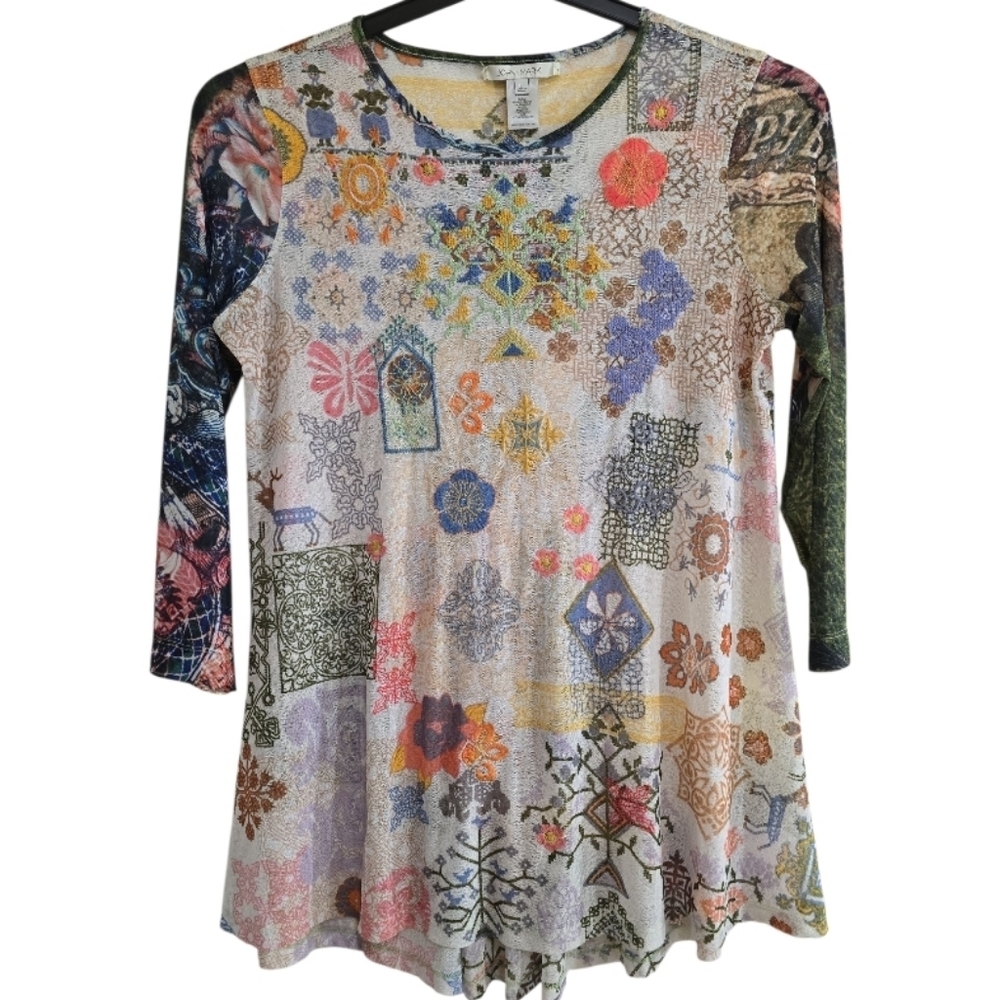 John Mark Semi-sheer Mesh Embroidered Shirt Top Large Gathered Waist In Back